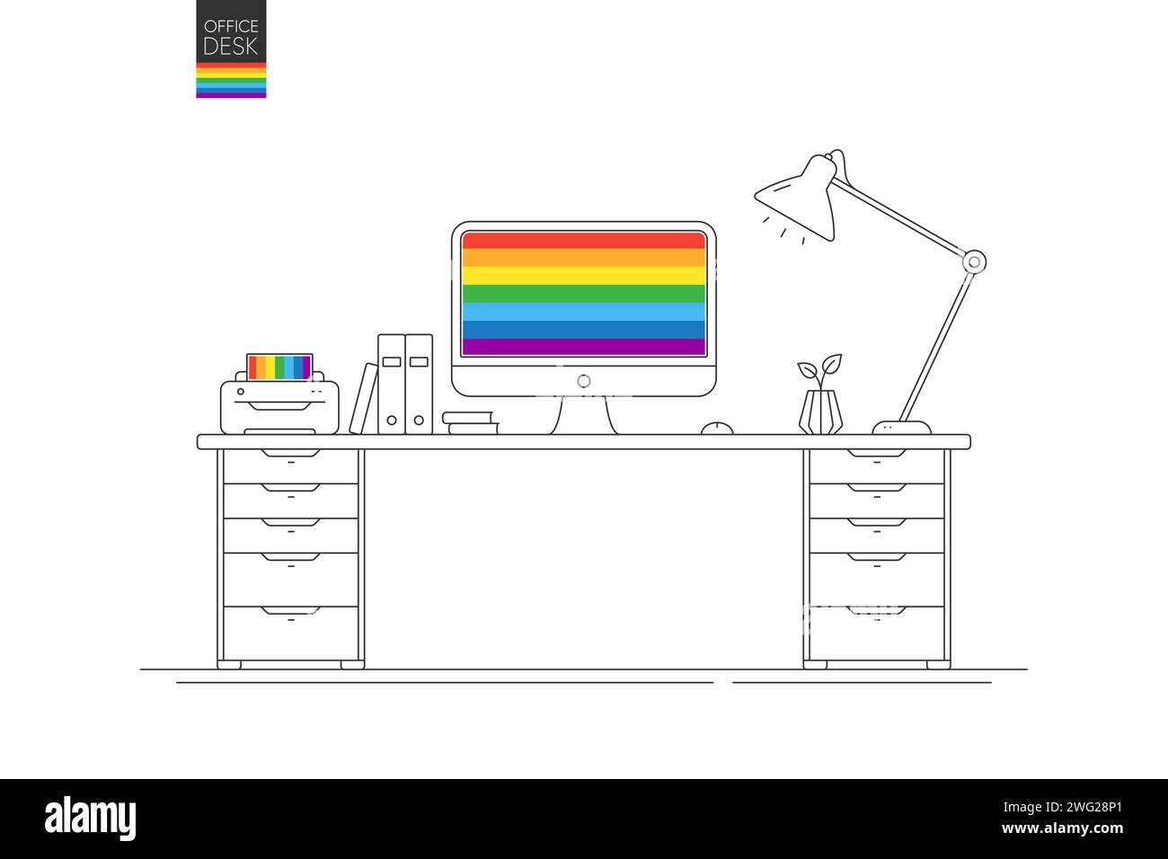 Office desk with LGBT pride flag background. Diversity culture workplace with computer. LGBT friendly office job. Vector Stock Vector