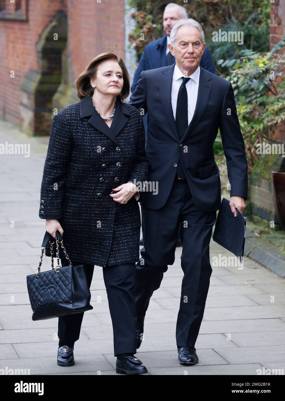 London, UK. 02nd Feb, 2024. Former British Prime Minister Tony Blair and wife Cherie Blair, arrive for the funeral of Derek Draper at Church of St Mary the Virgin, Primrose Hill in North London. Derek Draper, a former political lobbyist and husband of television presenter Kate Garraway, died following a long illness caused by COVI-19 infection. Photo credit: Ben Cawthra/Sipa USA Credit: Sipa USA/Alamy Live News Stock Photo