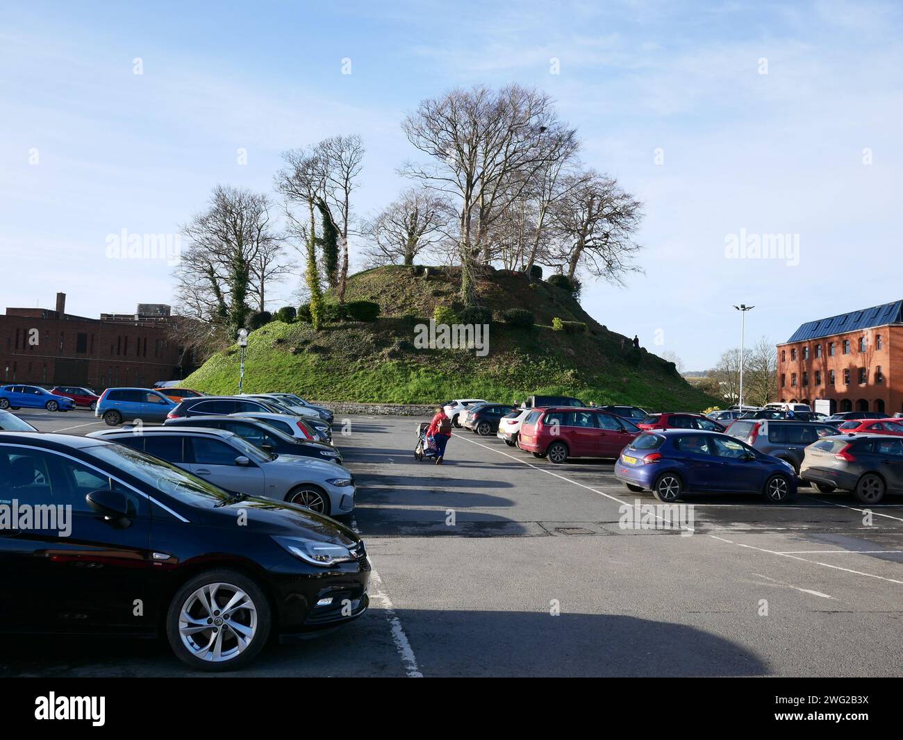 The Motte is all that remains of Barnstaple Castle, now with a car park beside it. Barnstaple, North Devon, UK Stock Photo