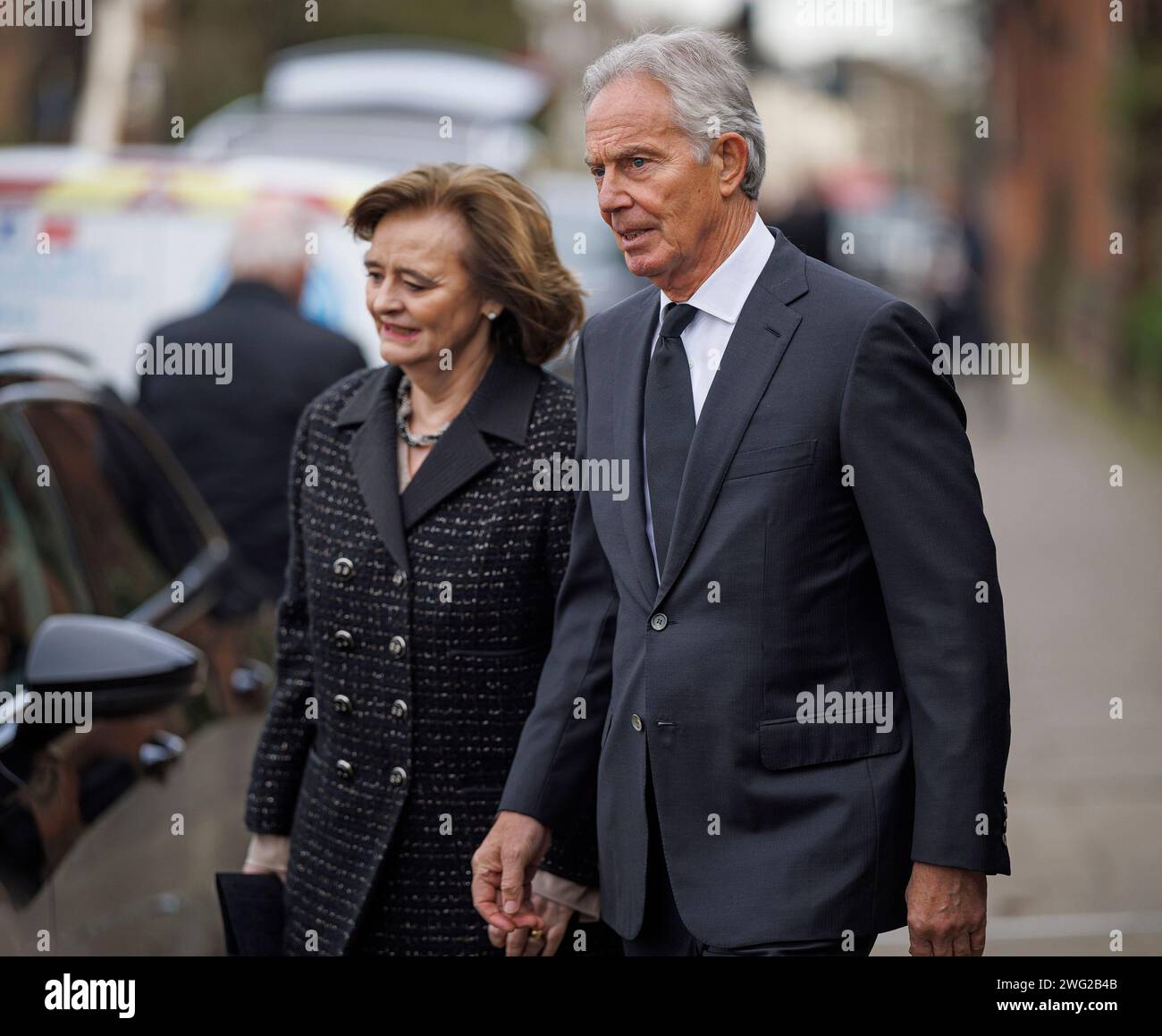 London, UK. 02nd Feb, 2024. Former British Prime Minister Tony Blair and wife Cherie Blair leave the funeral of Derek Draper at The Church of St Mary the Virgin, Primrose Hill in North London. Derek Draper, a former political lobbyist and husband of television presenter Kate Garraway, died following a long illness caused by COVI-19 infection. Photo credit: Ben Cawthra/Sipa USA Credit: Sipa USA/Alamy Live News Stock Photo