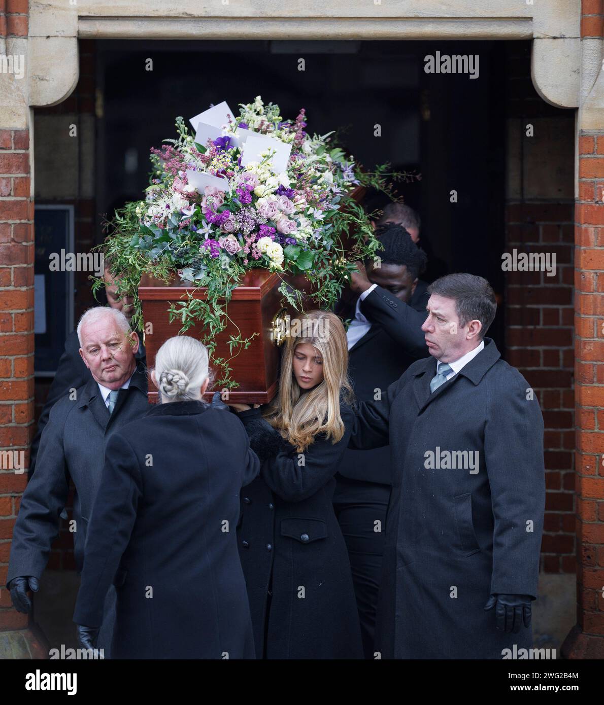 London, UK. 02nd Feb, 2024. Kate Garraway's daughter Darcey, 17, carries the coffin of her father Derek Draper as it leaves The Church of St Mary the Virgin, Primrose Hill in North London following his funeral. Derek Draper, a former political lobbyist and husband of television presenter Kate Garraway, died following a long illness caused by COVI-19 infection. Photo credit: Ben Cawthra/Sipa USA Credit: Sipa USA/Alamy Live News Stock Photo