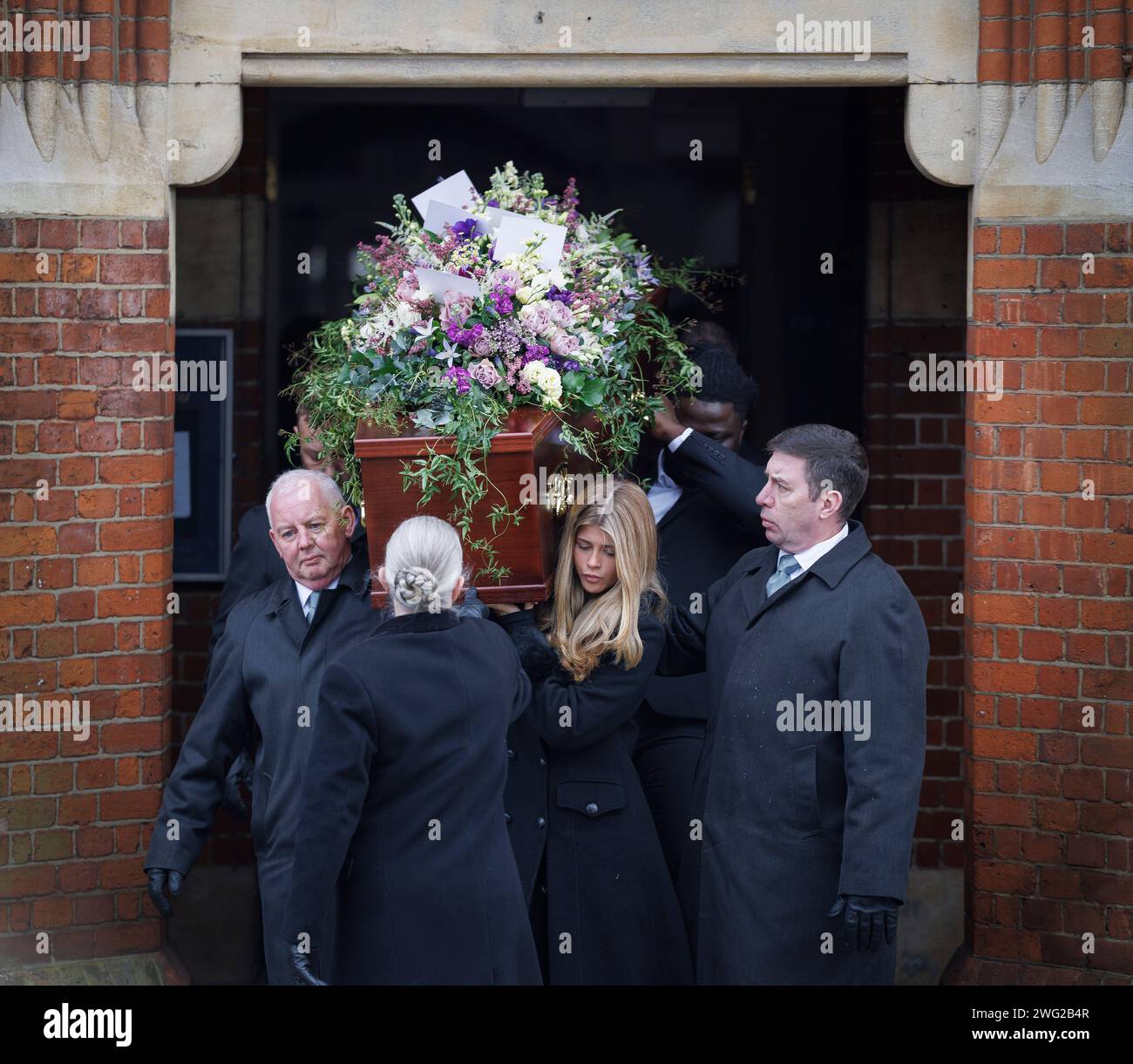 London, UK. 02nd Feb, 2024. Kate GarrawayÕs daughter Darcey, 17, carries the coffin of her father Derek Draper as it leaves The Church of St Mary the Virgin, Primrose Hill in North London following his funeral. Derek Draper, a former political lobbyist and husband of television presenter Kate Garraway, died following a long illness caused by COVI-19 infection. Photo credit: Ben Cawthra/Sipa USA Credit: Sipa USA/Alamy Live News Stock Photo