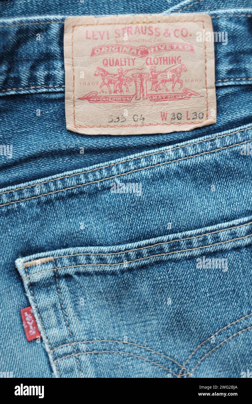 Original vintage levi's denim jeans detail of rear label Stock Photo