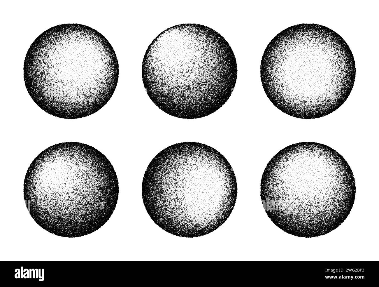 Dotwork 3D Spheres background. Black noise stipple dots. Dotted vector set Stock Vector