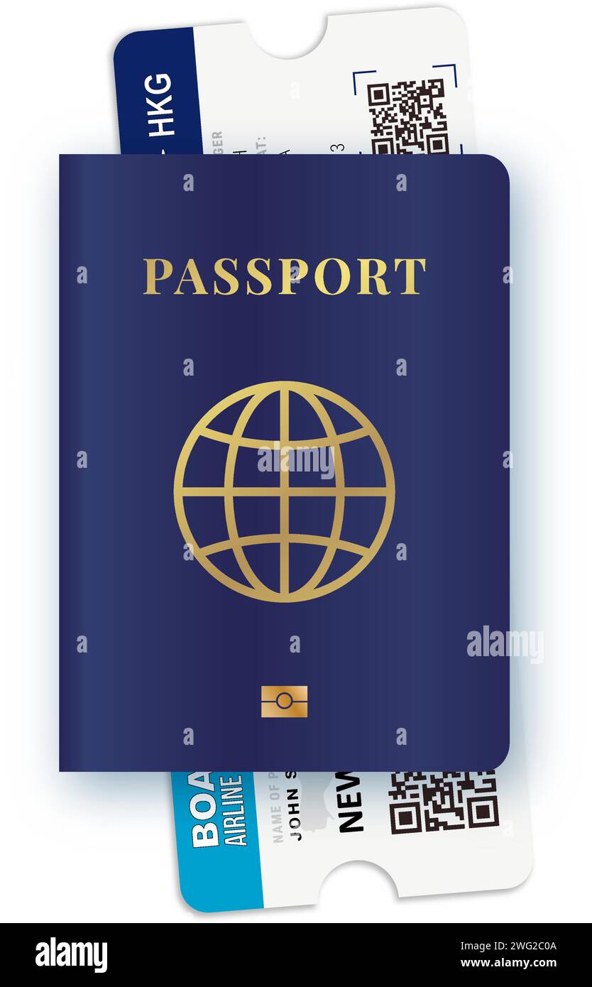 Plane ticket is attached to the passport. Vector with realistic international passport and ...