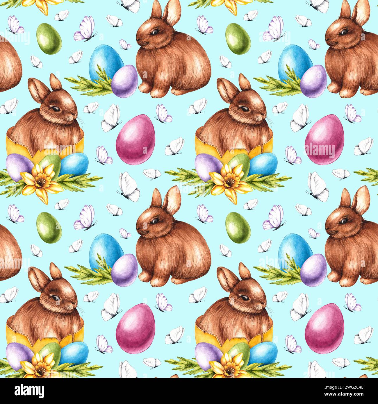 Watercolor Easter pattern with Easter bunnies and eggs. Watercolor ...