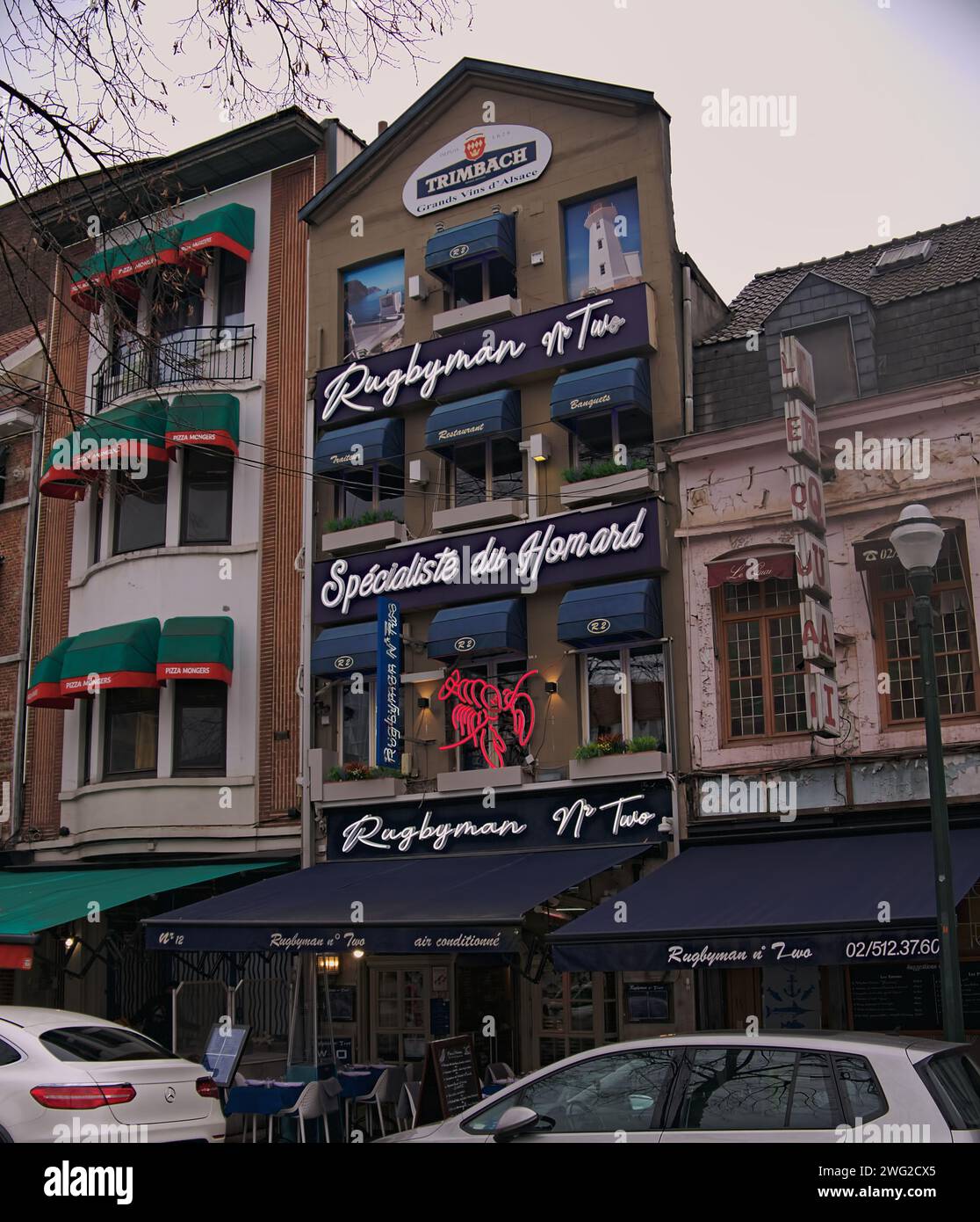 Brussels, Belgium. 2nd Feb, 2024. Restaurant Rugbyman N°Two with delicious seafood. Building facade. Architecture along Quai aux Briques. Lobster inst Stock Photo