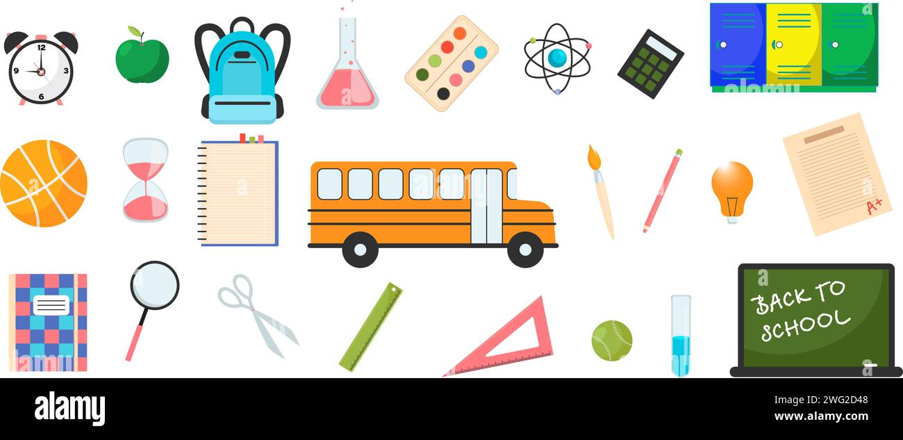 Set of school supplies. Vector flat illustration in hand drawn style ...