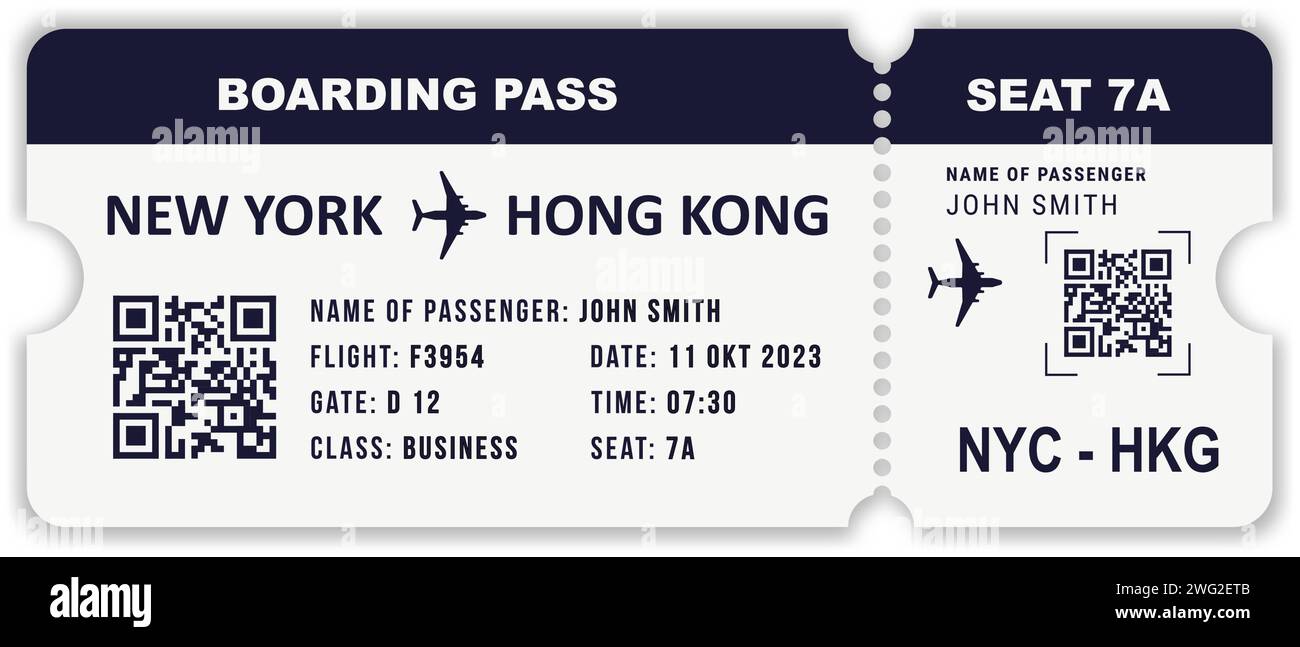 Modern plane ticket with city, passenger, gate, flight, class, seat