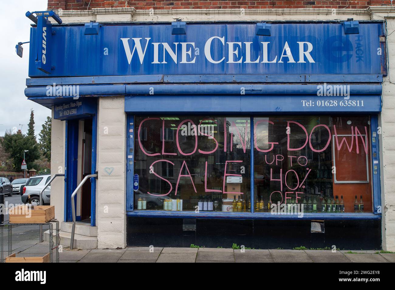 Maidenhead, UK. 2nd February, 2024. The Wine Cellar shop in Maidenhead, Berkshire is closing down and has a up to 40% off sale. Reportedly one in five people participated in dry January last month, and more and more young people are turning their backs on alcohol. Credit: Maureen McLean/Alamy Live News Stock Photo