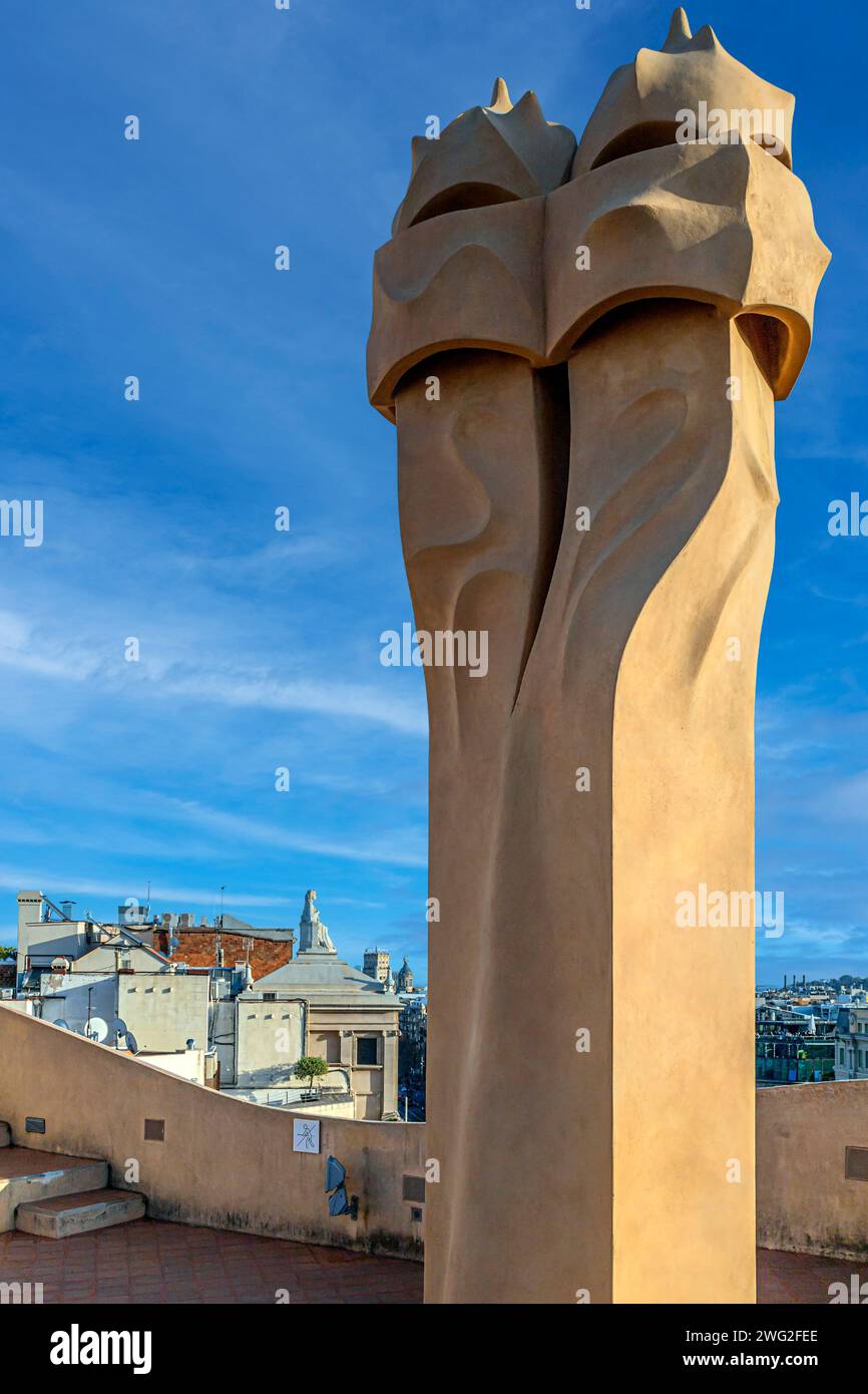 Barcelona, Catalonia, Spain-Feb. 27, 2022:Details from the roof of Casa Mila or La Pedrera. It was the last private residence designed by Antoni Gaudi Stock Photo