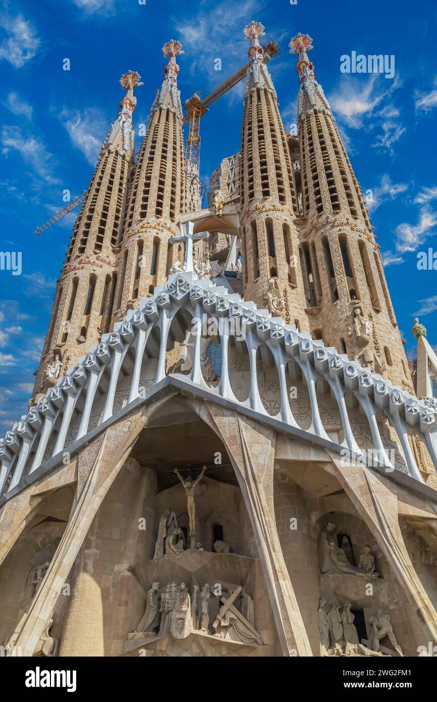 Barcelona, Catalonia, Spain-Feb. 27, 2022:Exterior of the famous cathedral La Sagrada Familia designed by architect Antoni Gaudi. Stock Photo