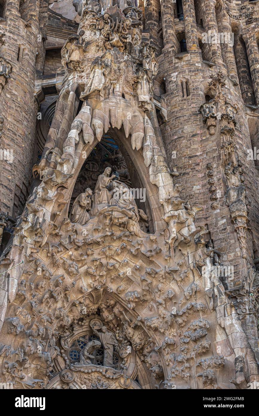 Barcelona, Catalonia, Spain-Feb. 27, 2022:Exterior of the famous cathedral La Sagrada Familia designed by architect Antoni Gaudi. Stock Photo