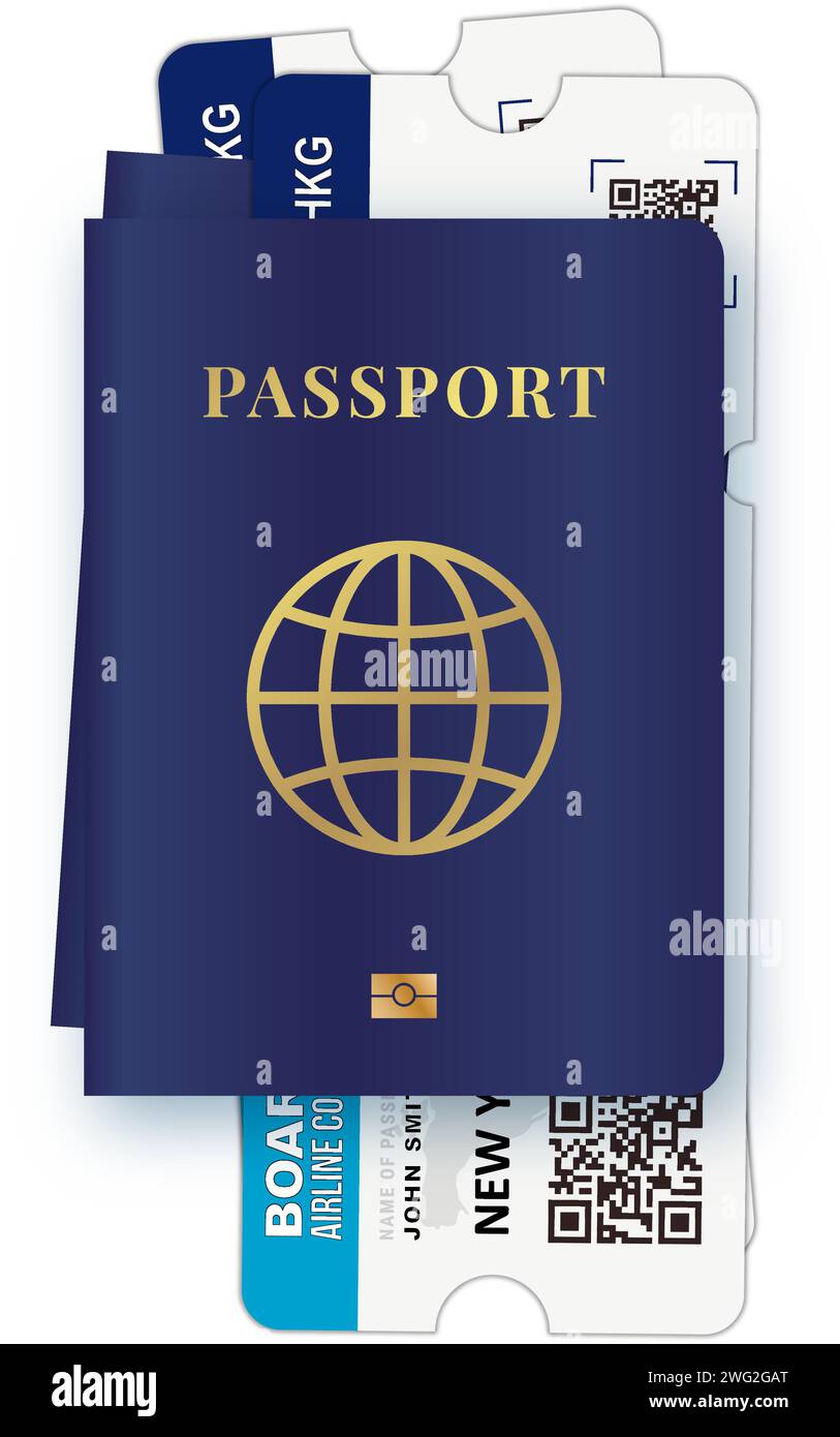 Plane ticket is attached to the passport. Vector with realistic international passport and ...
