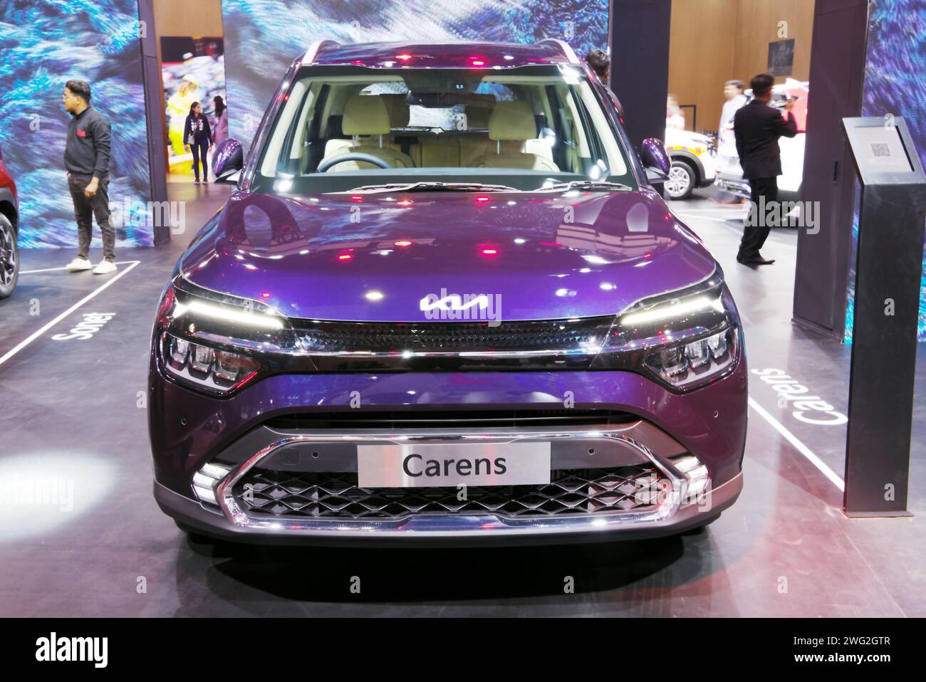 New Delhi - February 1, 2024: Kia Motors Carens car is on display at Bharat Mobility Global Expo 2024 at New Delhi in India. Stock Photo