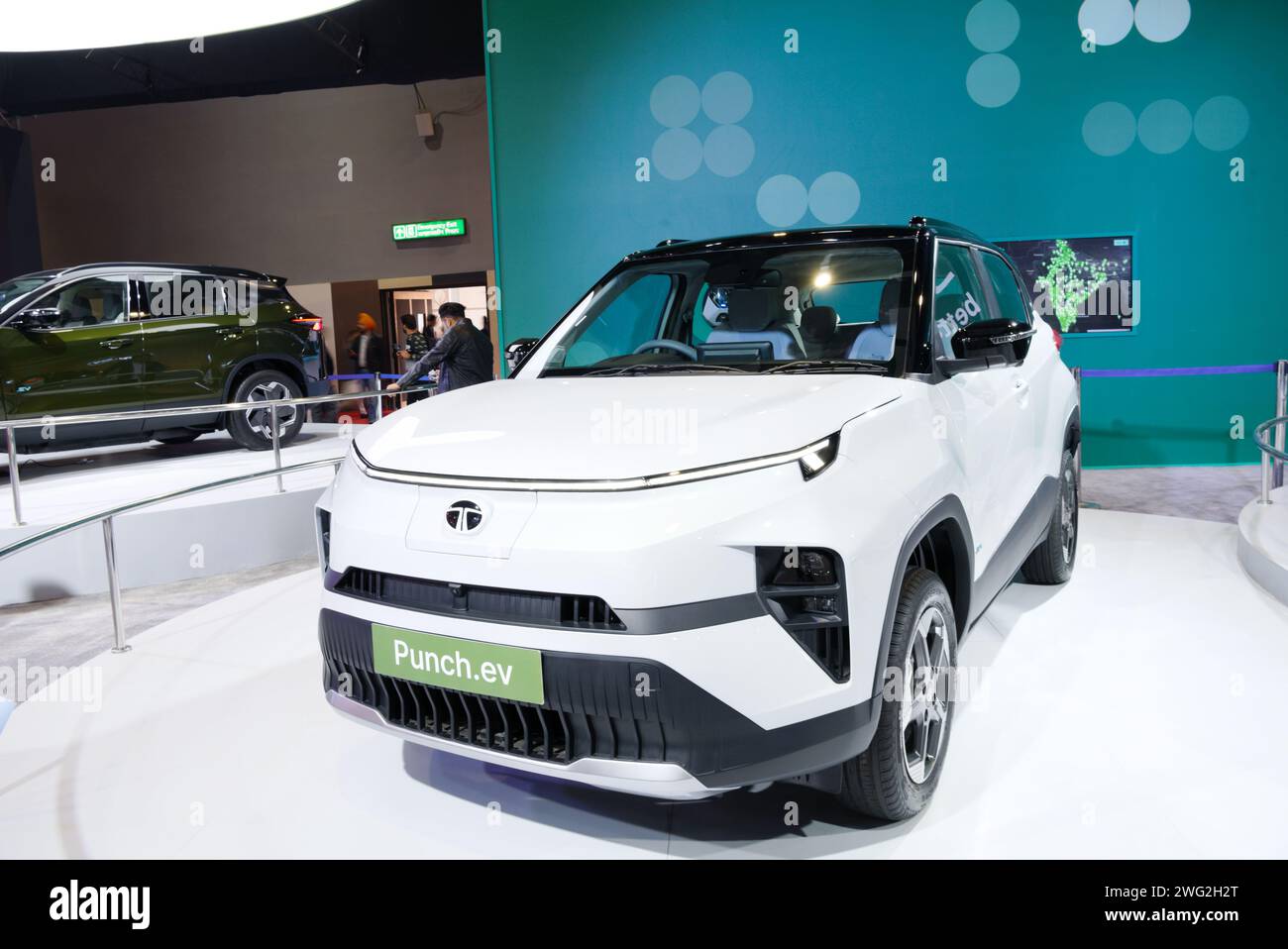 New Delhi - February 1, 2024: Tata Motors Punch.ev car is on display at Bharat Mobility Global Expo 2024 at New Delhi in India. Stock Photo