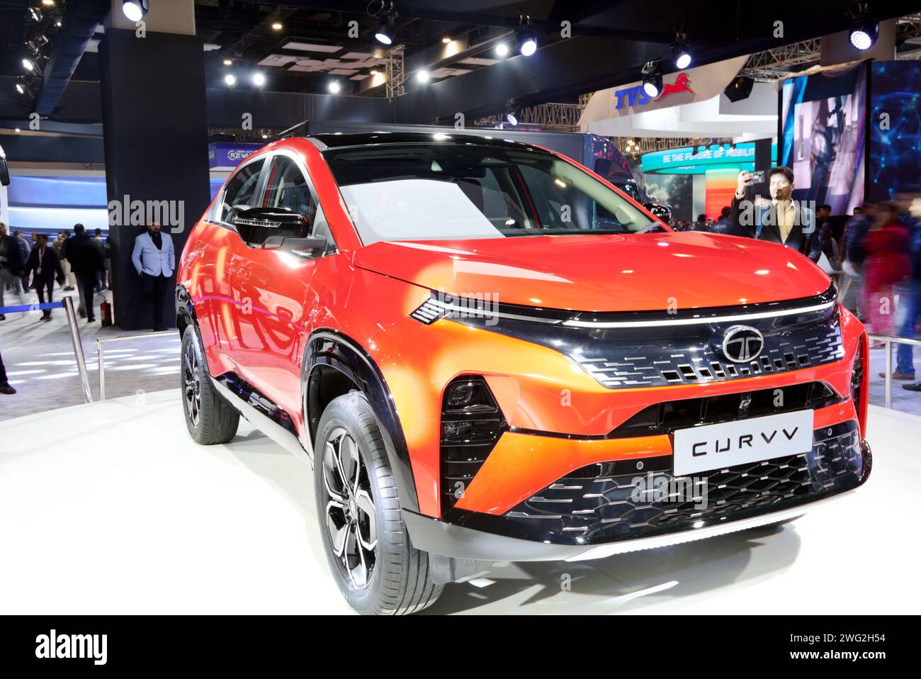 New Delhi - February 1, 2024: Tata Motors Curvv car is on display at Bharat Mobility Global Expo 2024 at New Delhi in India. Stock Photo