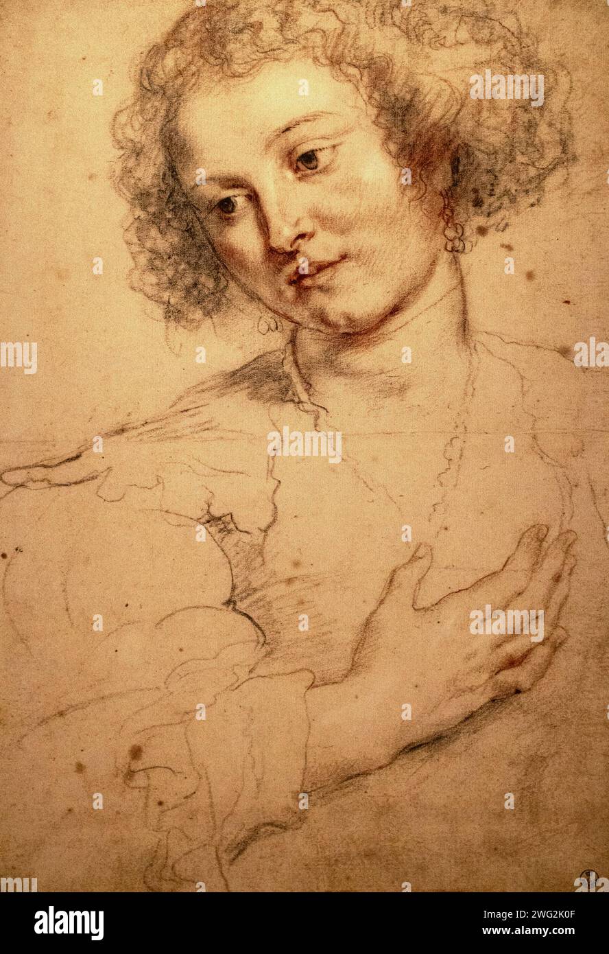 Peter Paul Rubens drawing, 'Young woman looking down' (Study for head of Saint Apollonia), 1628. Black and red chalk. 17th century womans portrait. Stock Photo
