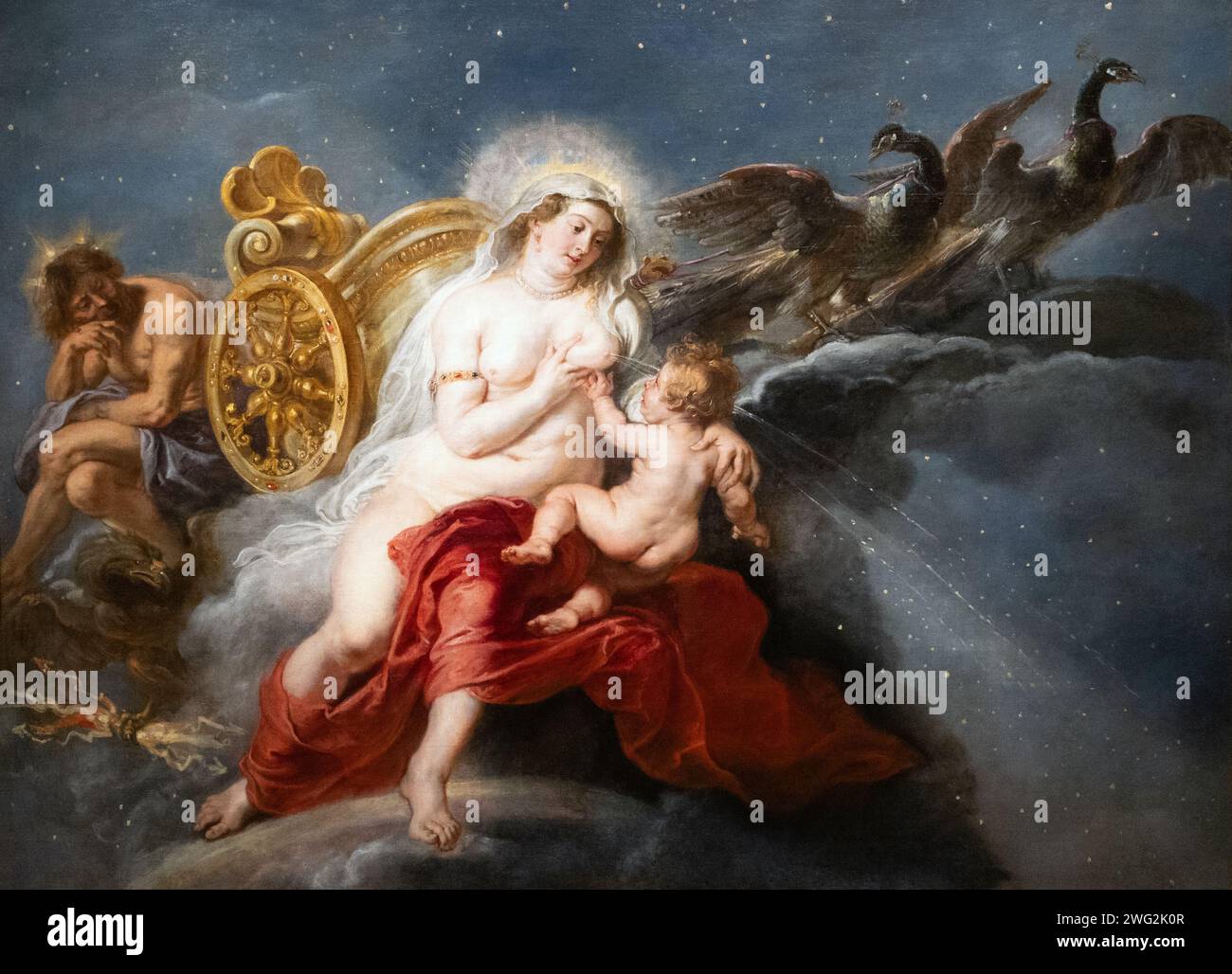 Rubens painting; 'The Birth of the Milky Way', 1636-8, Oil on Canvas. Jupiter God, Juno goddess and the baby Hercules. 1600's mythological paintings. Stock Photo