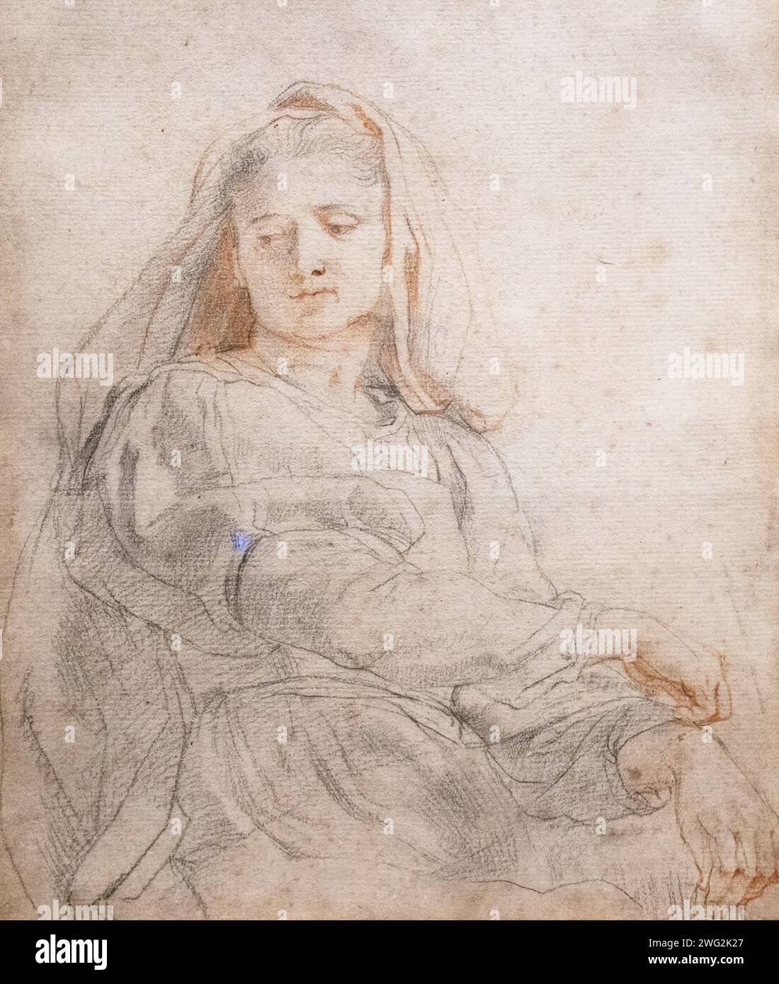 Peter Paul Rubens drawing; 'Study of a seated woman (The Virgin), 1604-5, Black and red chalk, informed the pose of the virgin Mary in later paintings Stock Photo
