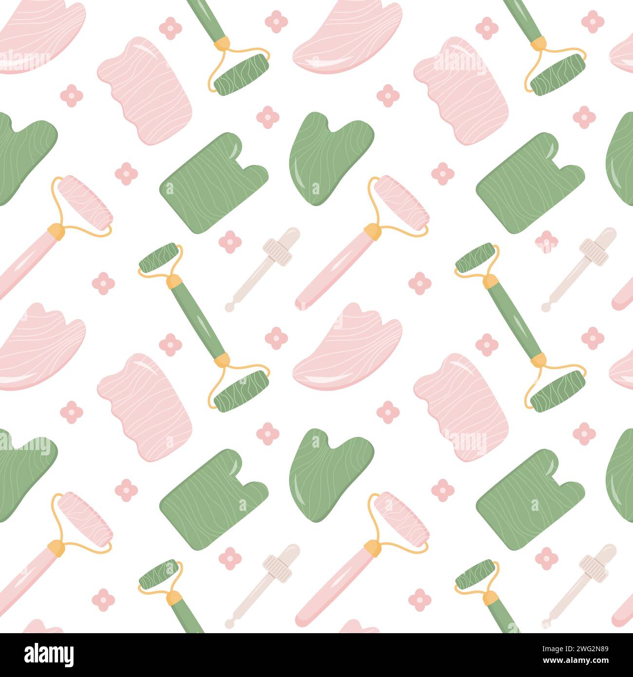 Seamless pattern with Rose Quartz Gua Sha and Jade Scraping Massage tool. Natural pink scraper and green stone roller in different shapes. Trendy skin Stock Vector