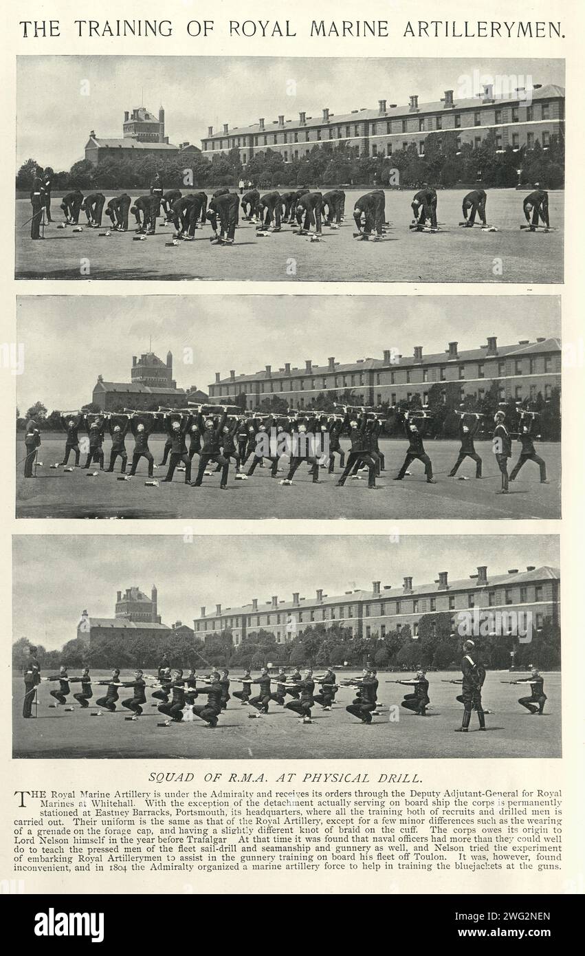 Vintage picture, Royal marine artillery men at physical drill, Eastney Barracks, Portsmouth, British military history, Victorian, 1890s, 19th Century Stock Photo