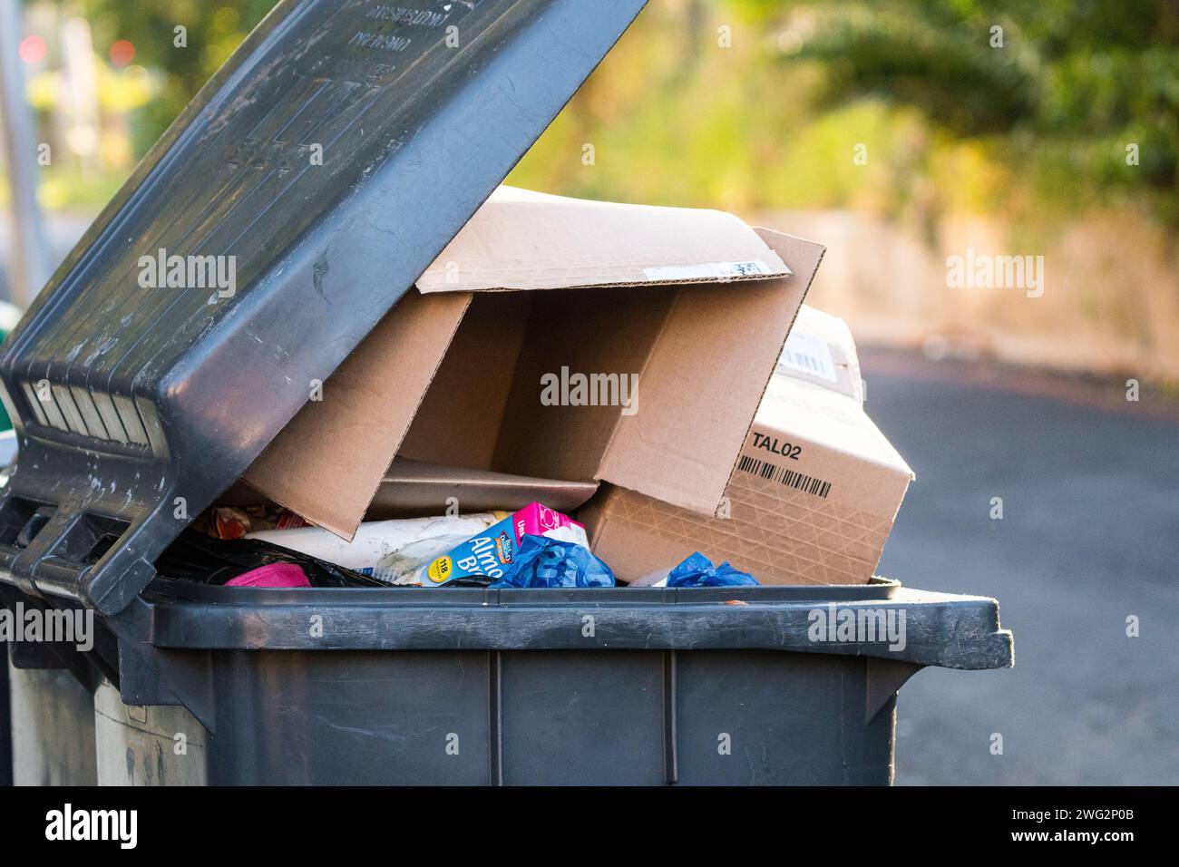 black wheelie bin close up with lid open and garbage filled to the top concept strike, clean up, recycling, trash, refuse, public service Stock Photo