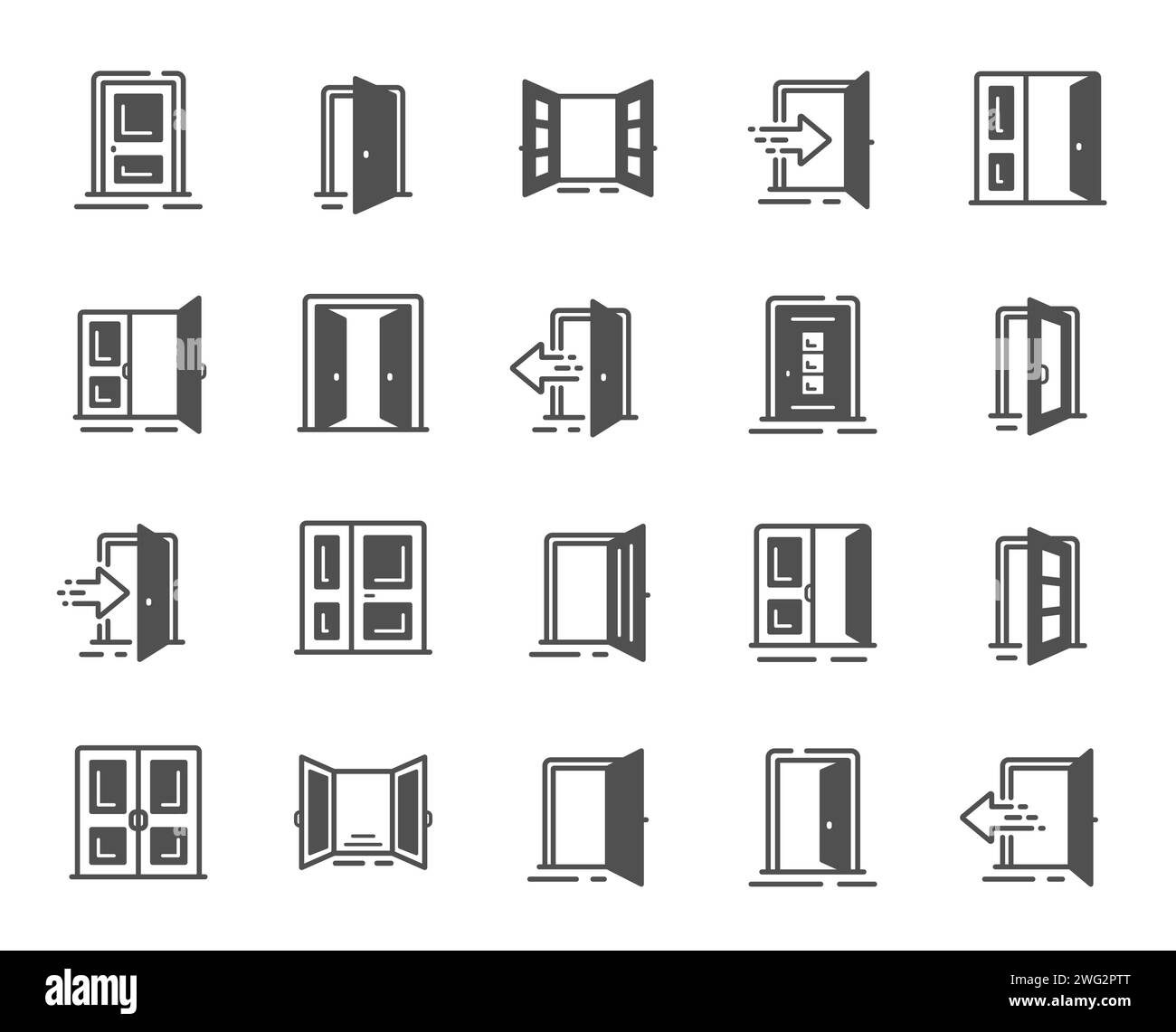 Entrance icons. Open door, Building entry and Emergency exit simple icons. Vector Stock Vector