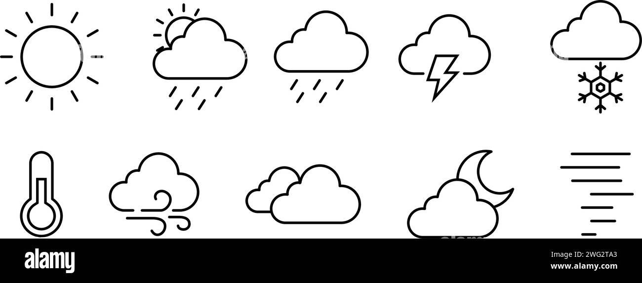 Icon Set of weather forecast - vector thin line icon collection on white background - weather map. Vector  Stock Vector