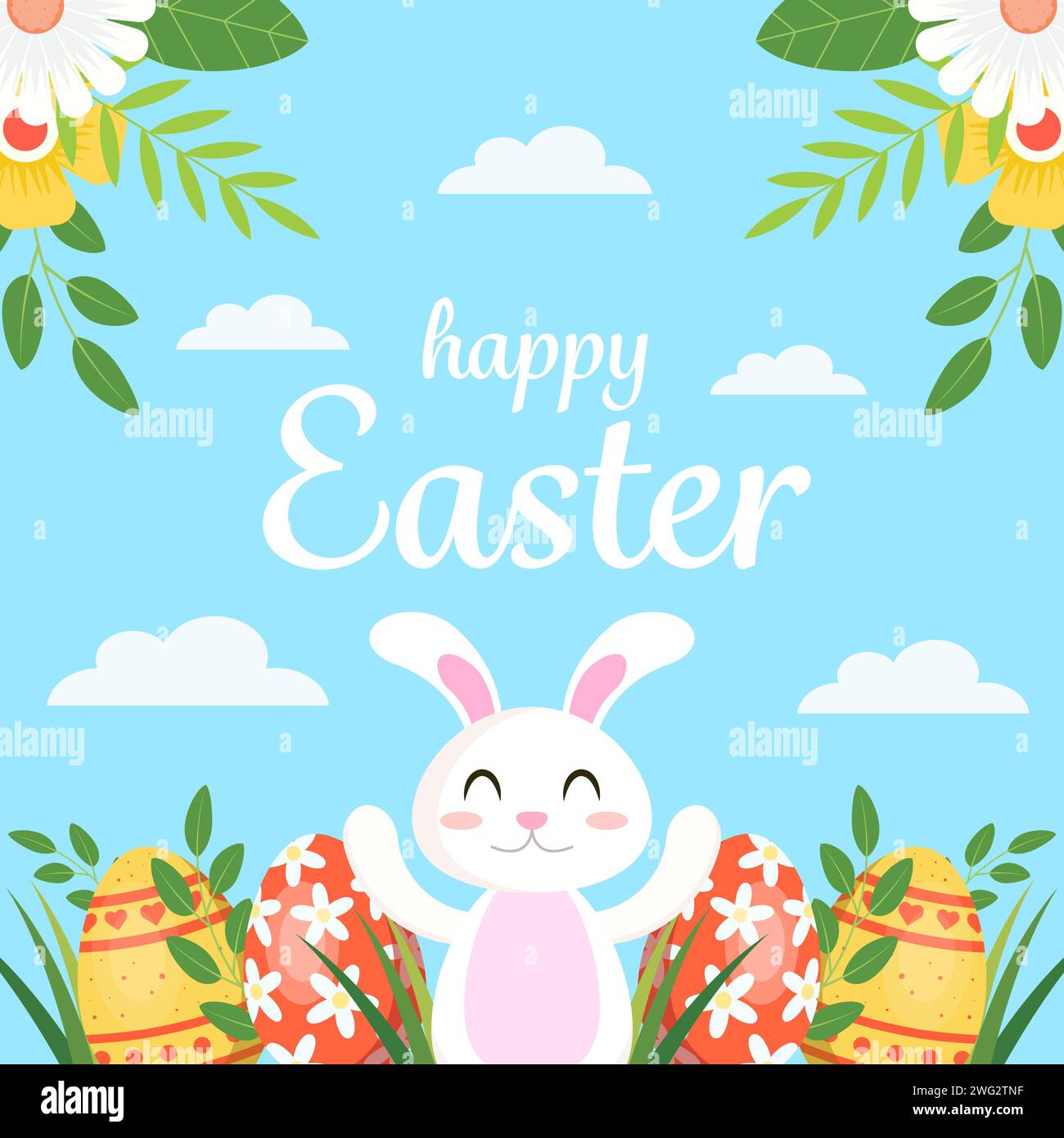 happy easter illustration in flat design style vector with a rabbit and eggs Stock Vector