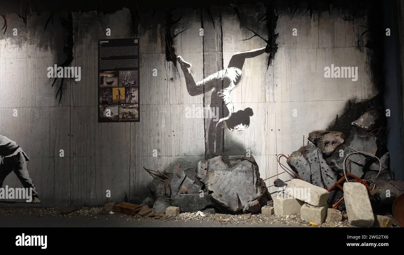 Stockholm, Sweden, December 29 2023. Art exhibition. The mystery of Banksy. A genius mind. artistic gymnastics. Stock Photo