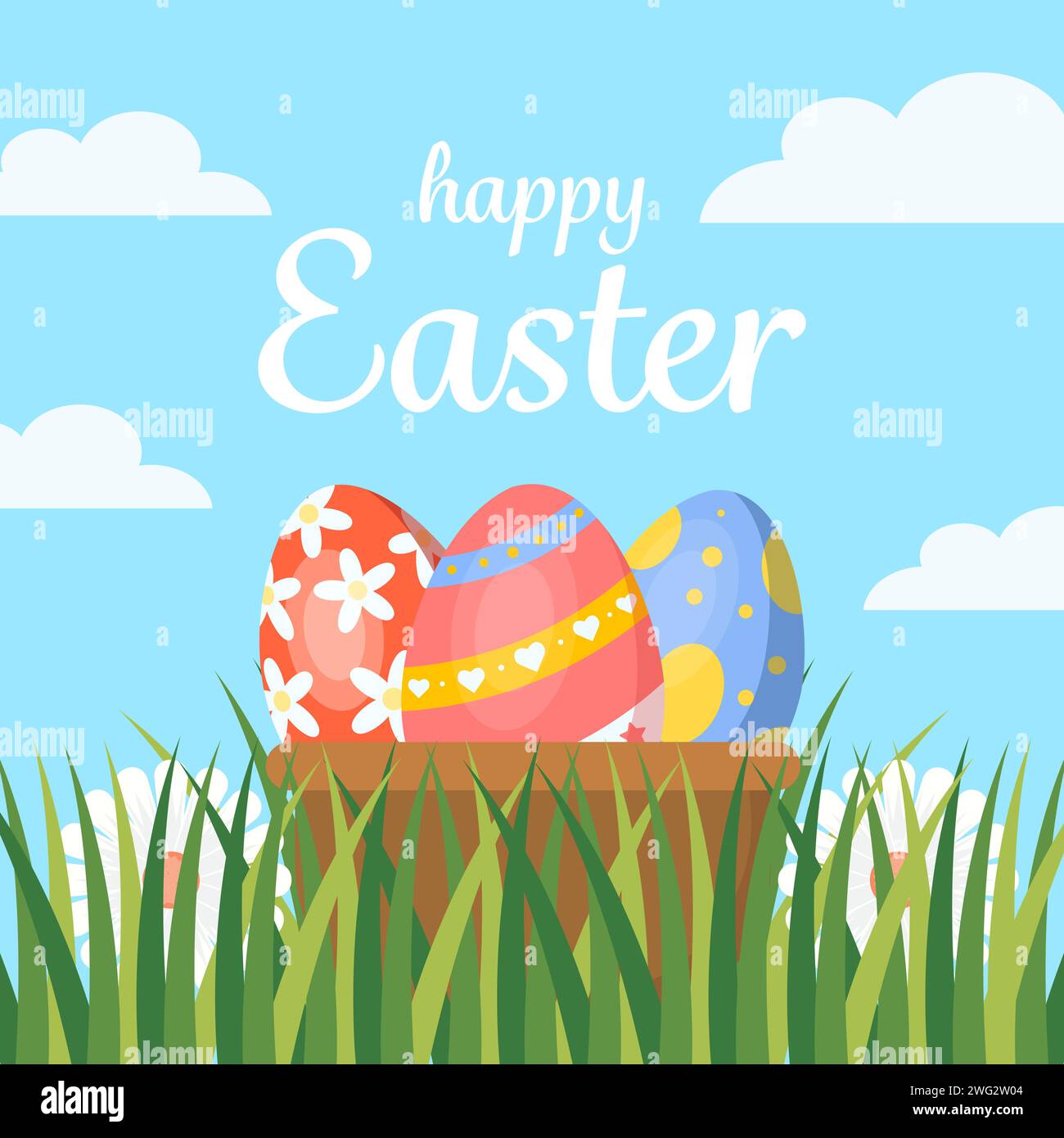 flat design happy easter day illustration with eggs on a bucket Stock Vector