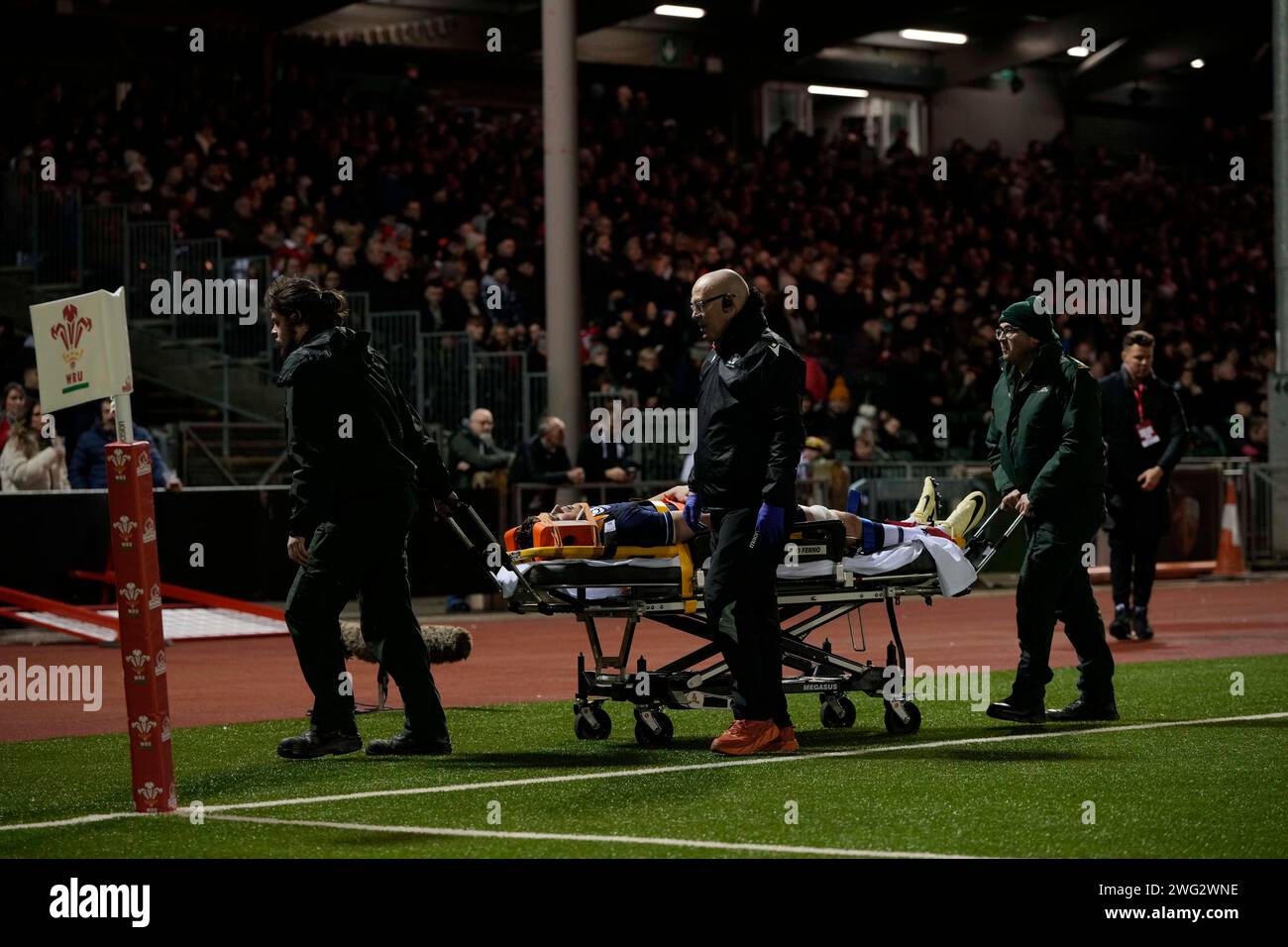 Tom Currie of Scotland U20's is taken from the field on a stretcher