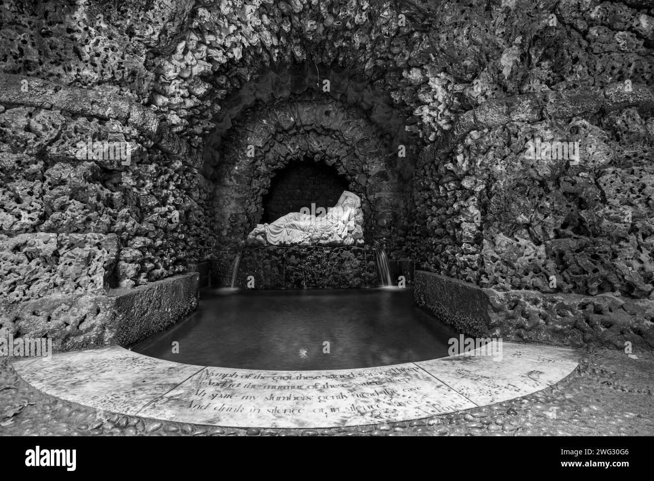 Stourton.Wiltshire.United Kingdom.October 20th 2020.The sleeping nymph statue inside the grotto at Stourhead Gardens in Wiltshire Stock Photo