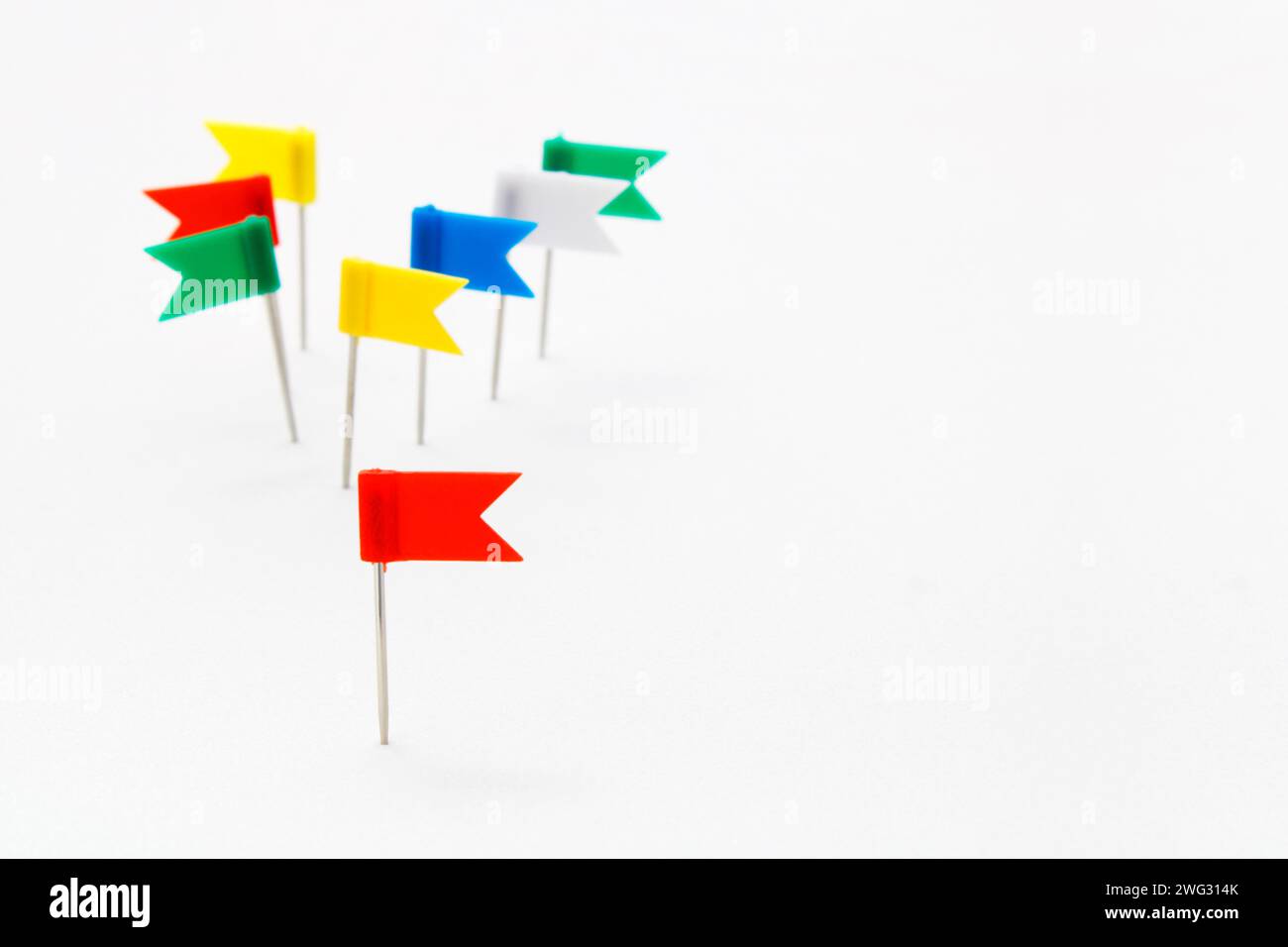 Red thumbtack shaped like a flag leading a group with different colors