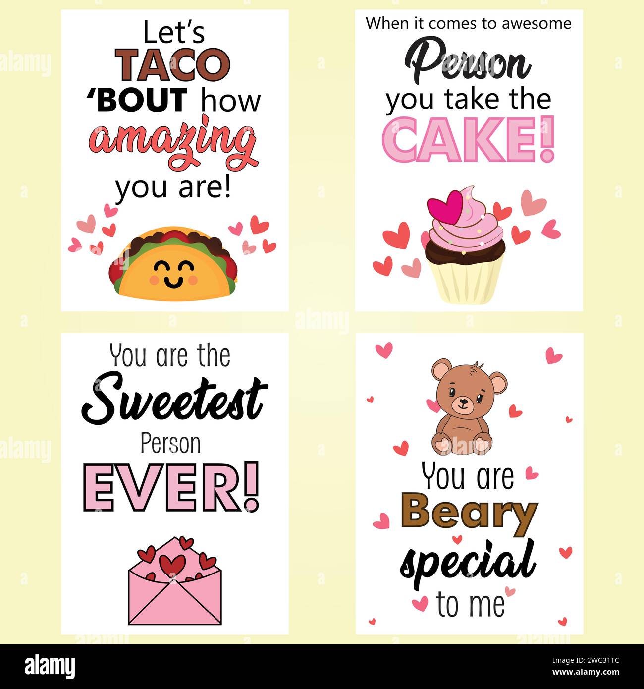 Set of Valentine Day cards with quotes in retro cartoon style. Valentine Day pun cards. Love vector illustration for favor tags, postcards, greeting. Stock Vector
