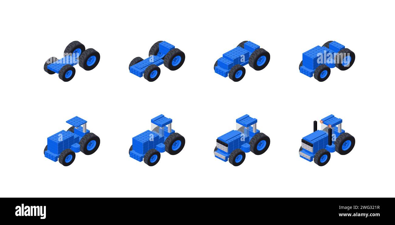 Step-by-step construction of a blue tractor from plastic blocks in ...