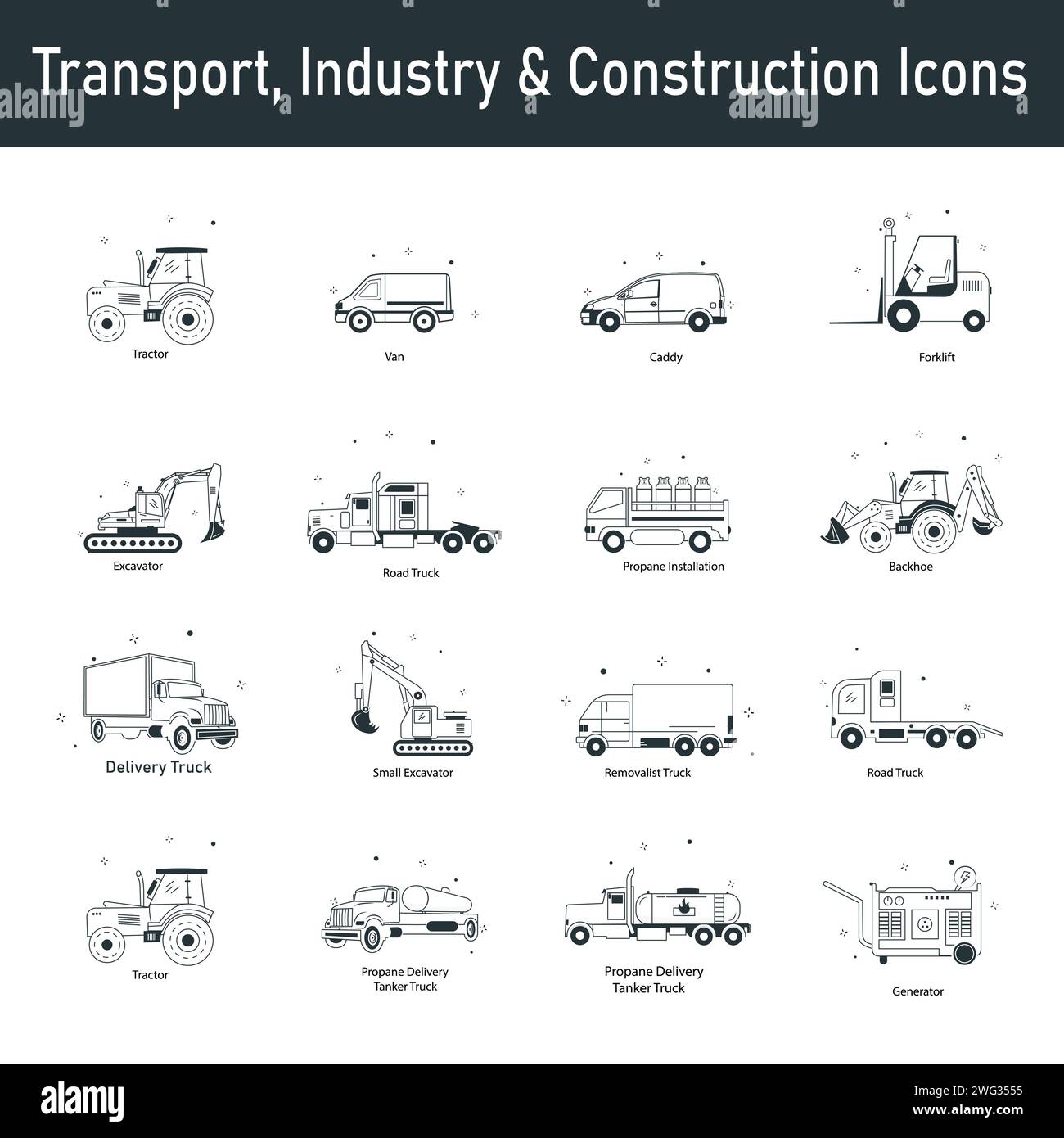 Transport, Industry & Construction Vector Icon Design Set. Stock Vector