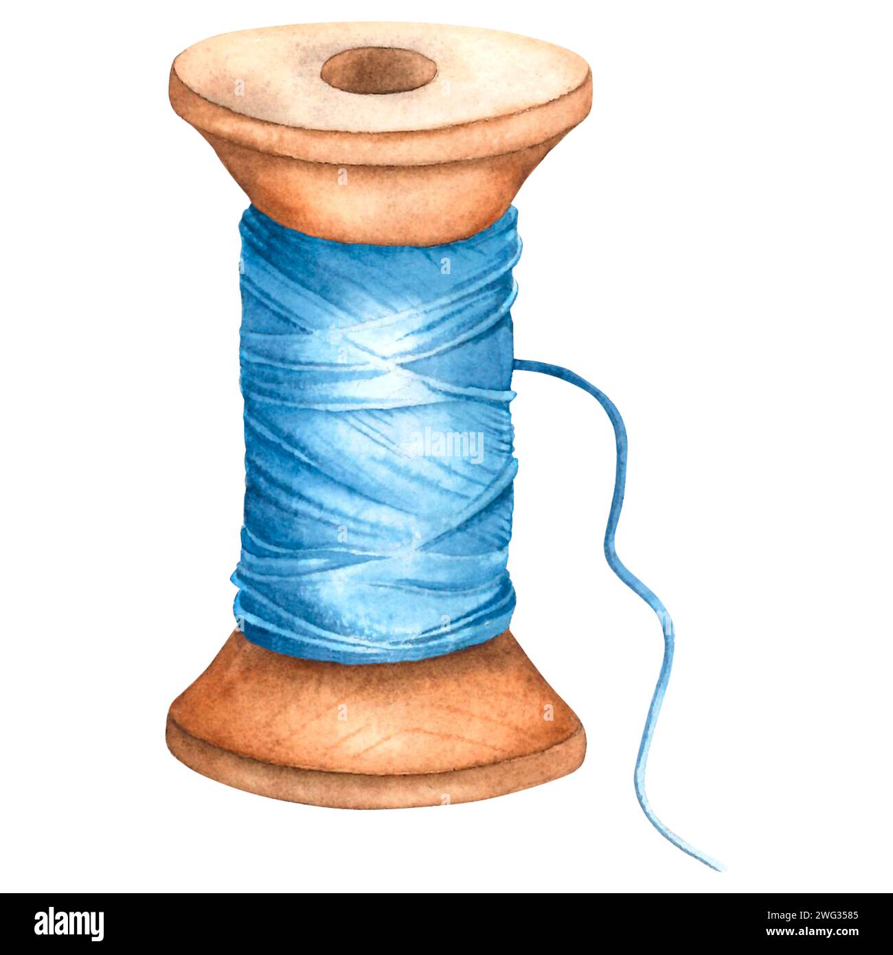 Blue thread concept. Wooden spool of thread for clothing production. Hand drawn watercolor illustration of a reel on an isolated background. Stock Photo