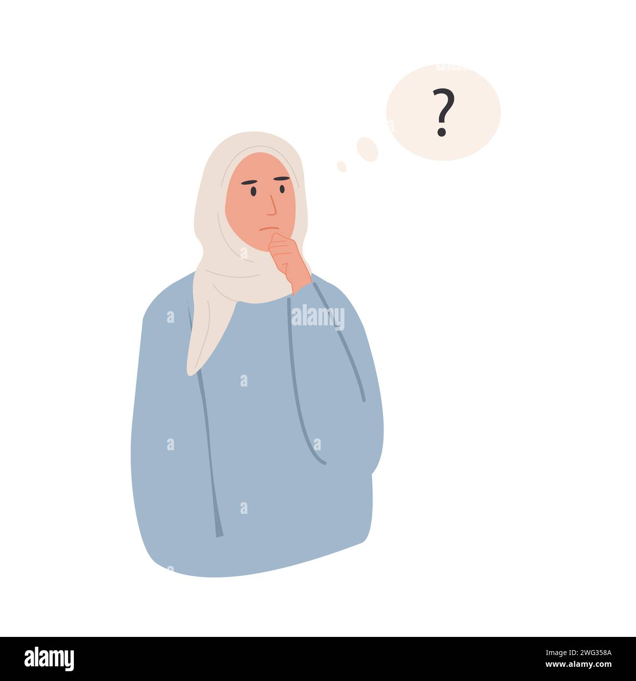 Modern muslim arab thinking female character. Portrait of thoughtful person with question mark. Young woman solving problem, making decision. Flat sty Stock Vector