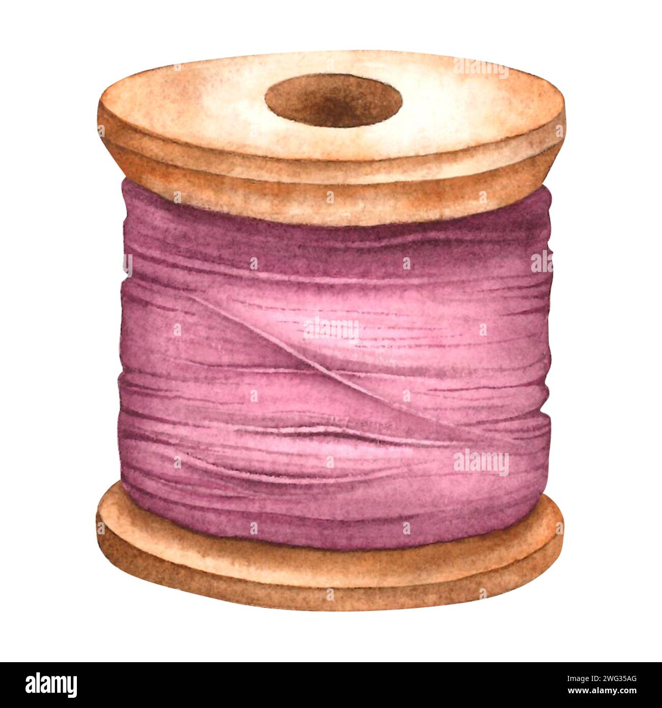Dusty pink thread concept. Wooden spool of thread for clothing production. Hand drawn watercolor illustration of a reel on an isolated background. Stock Photo