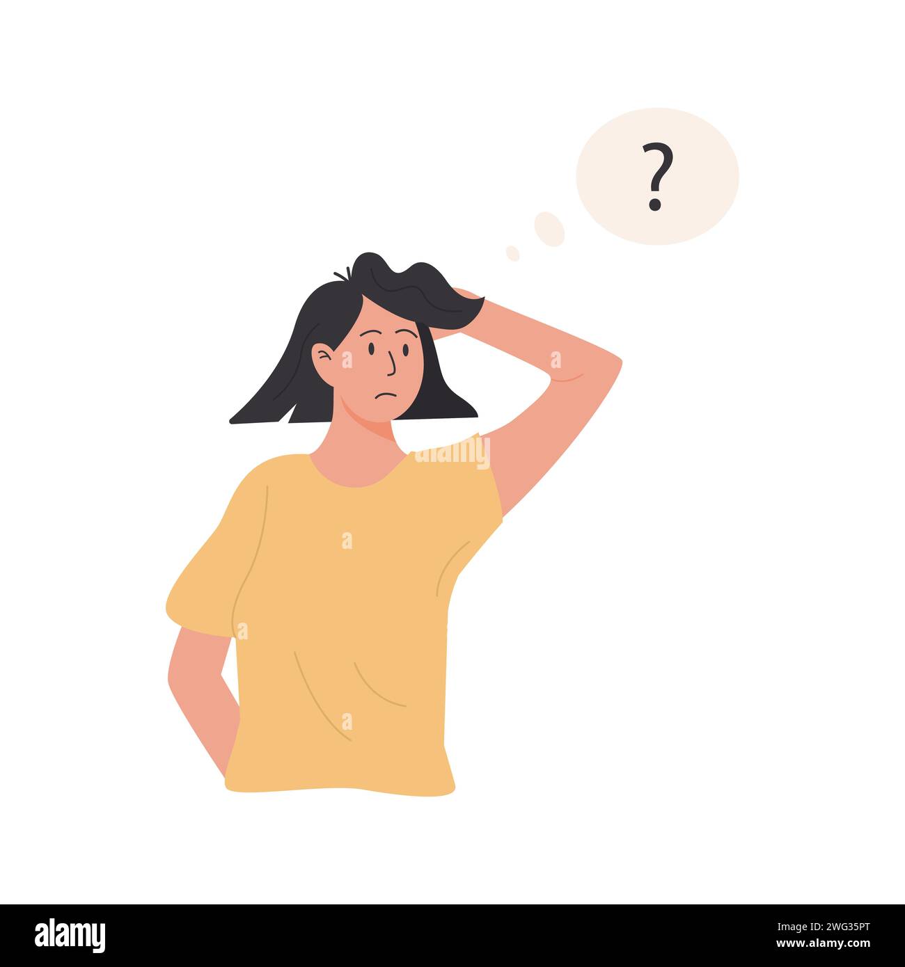 Thinking character. Portrait of thoughtful person with question mark. Young woman solving problem, making decision. Flat style vector illustration Stock Vector