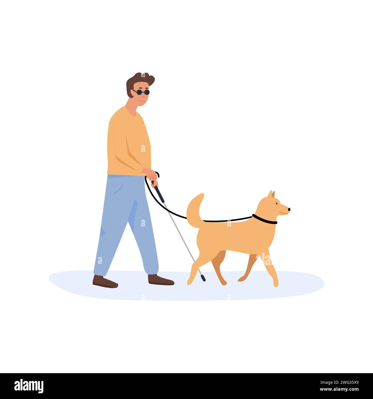 A guide dog with blind person walking together. Disabled male with cane stick using help of dog. Flat style characters. Vector illustration Stock Vector