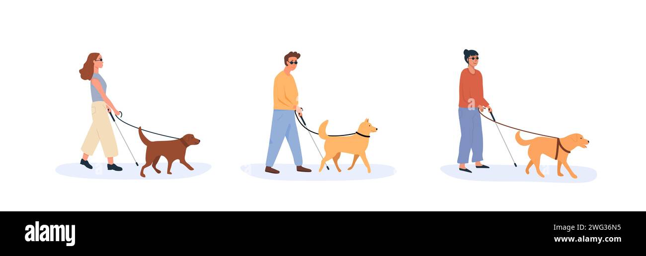 A guide dog with blind person walking together. Set of people with disability using help of dog. Collection of flat style characters. Vector illustrat Stock Vector