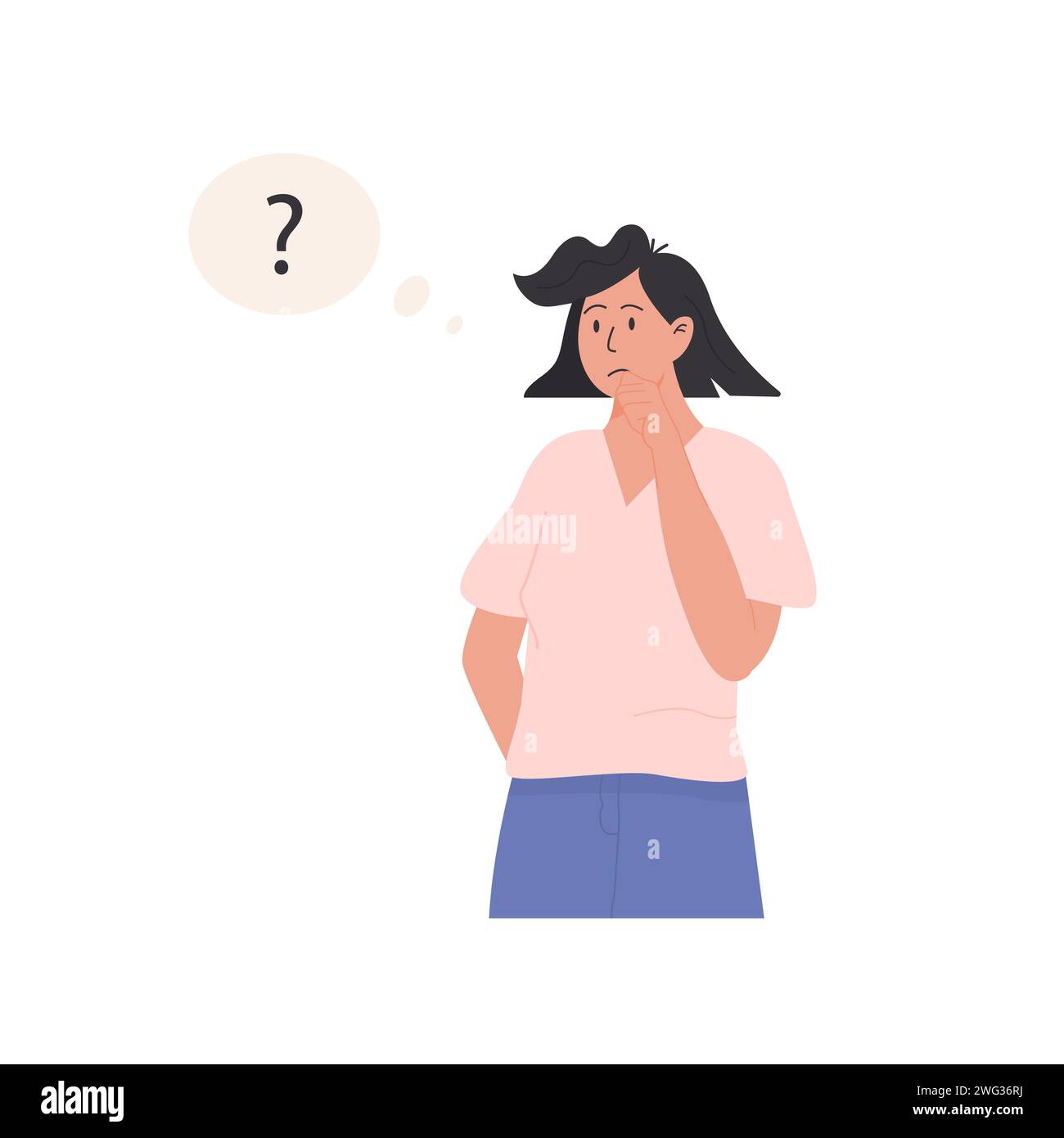 Thinking character. Portrait of thoughtful person with question mark. Young woman solving problem, making decision. Flat style vector illustration Stock Vector