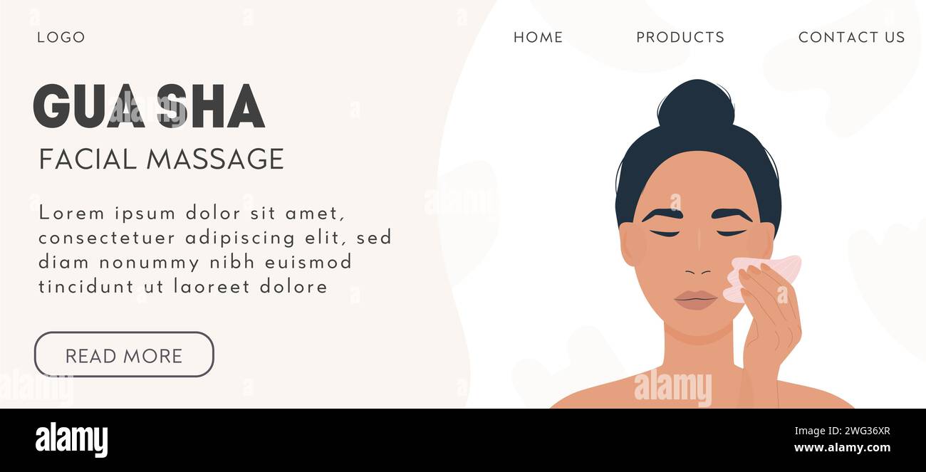 Web banner template for gua sha facial massage. Woman massaging and scraping her skin. Natural pink rose quartz stone scraper. Face lifting trendy bea Stock Vector