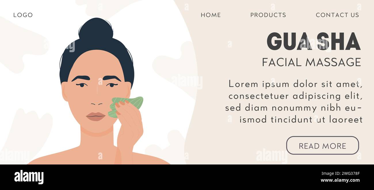 Web banner template for gua sha facial massage. Woman massaging and scraping her skin. Natural green jade guasha stone scraper. Face lifting trendy be Stock Vector