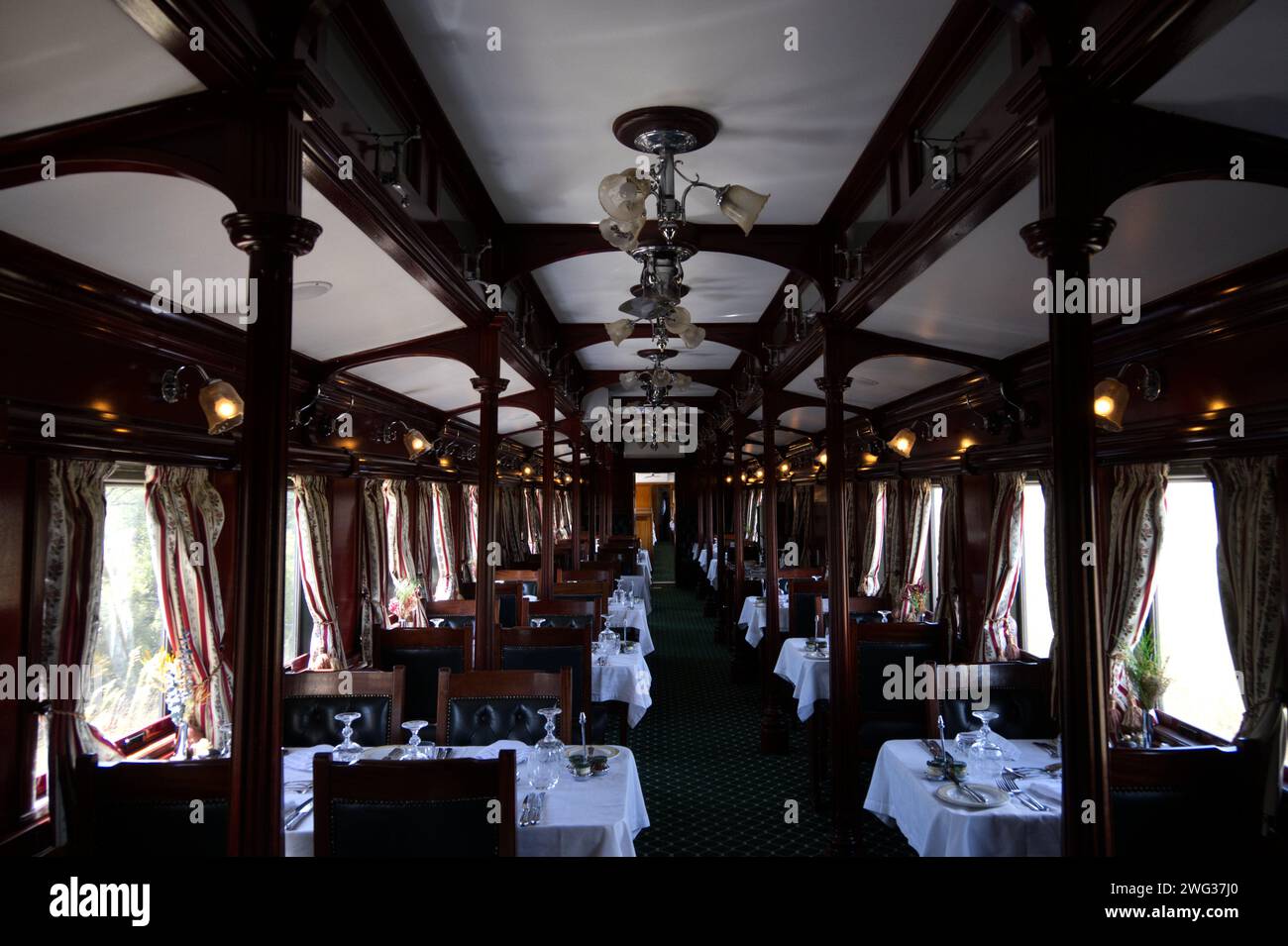 Luxury Dining Car on Rovos Rail Journey from Pretoria to Cape Town in South Africa Stock Photo