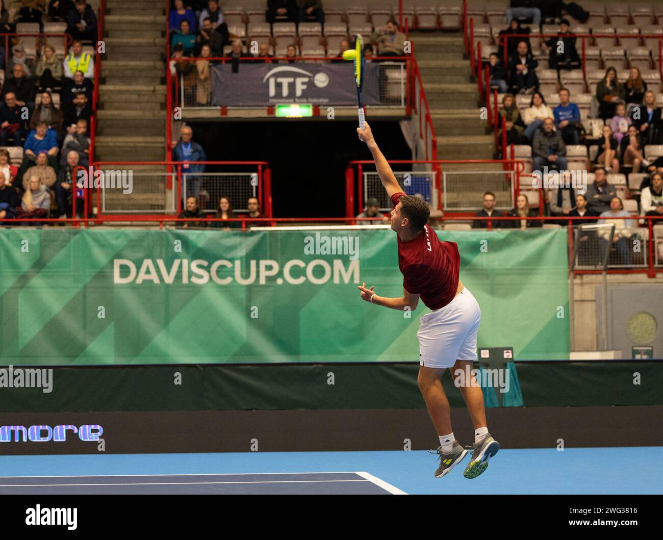 Gjovik, Norway. 02nd Feb, 2024. Gjovik, Norway, February 2nd 2024: Martins Rocens (Latvia) are seen during the Davis Cup World Group 1 Play offs tennis game between Norway and Latvia at Gjovik Olympic Cavern Hall, Norway (Ane Frosaker/SPP) Credit: SPP Sport Press Photo. /Alamy Live News Stock Photo