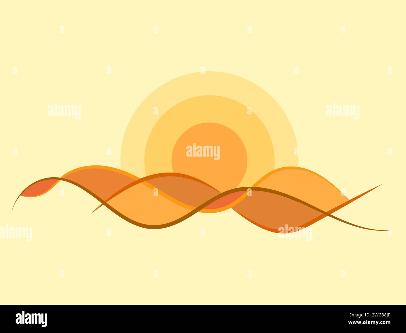 Desert landscape with sand dunes in line art style. Sunrise over the desert in minimalist style. Wavy landscape with dunes and sun. Design for banners Stock Vector